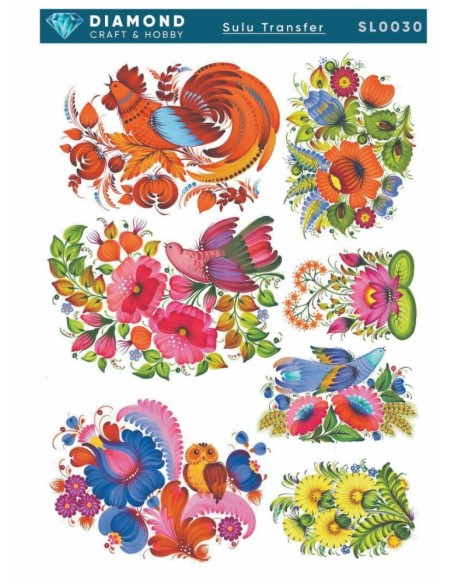 Diamond Sulu Transfer Kağıdı SL0030 25x35cm - Renkli Floral Kuşlar