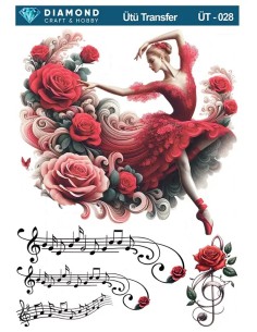 ÜT028 Müzik ve Güllü Balerin Diamond Craft Ütü Transfer Kağıdı 25x35cm