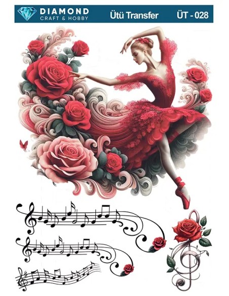 ÜT028 Müzik ve Güllü Balerin Diamond Craft Ütü Transfer Kağıdı 25x35cm